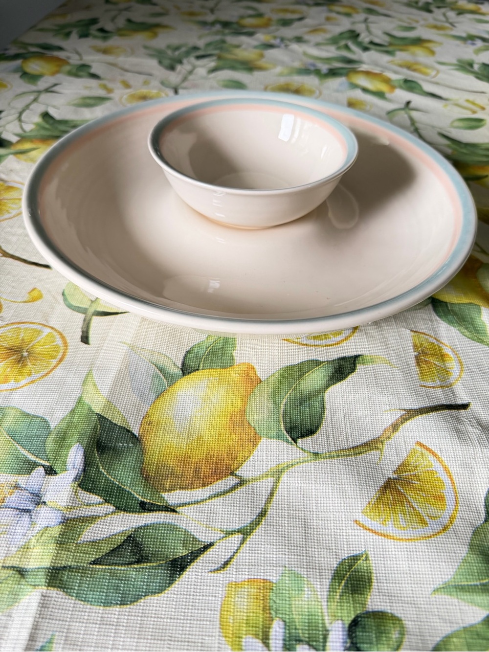 Vintage Pfaltzgraff Cream Ceramic Chip & Dip Plate with Pastel Rim made in USA